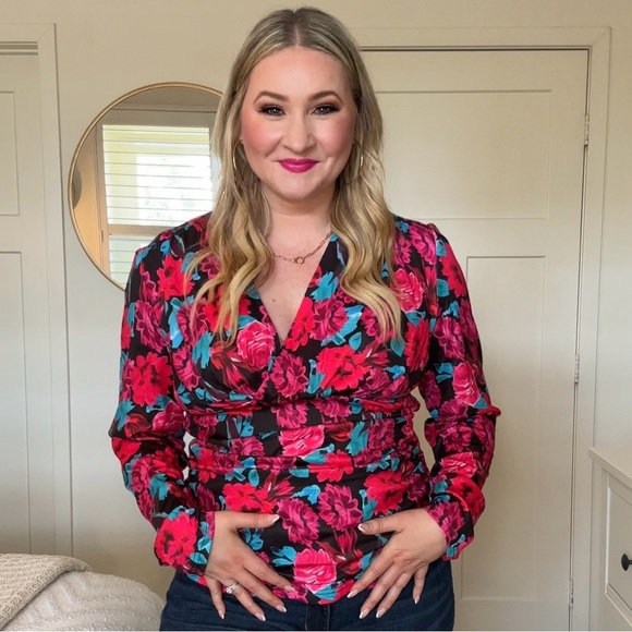 Grace Karin Elegant Wrap Blouse V Neck Pink and Blue Floral Size XL - Picture 1 of 6